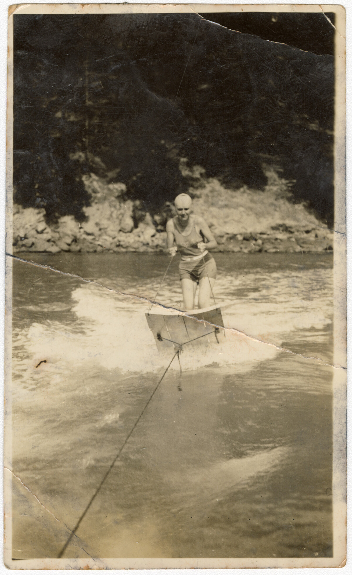 Waterskiing at Taylors Mistake. 1928. Christchurch City Libraries Photo Hunt. In copyright. CCL-PH19-0131