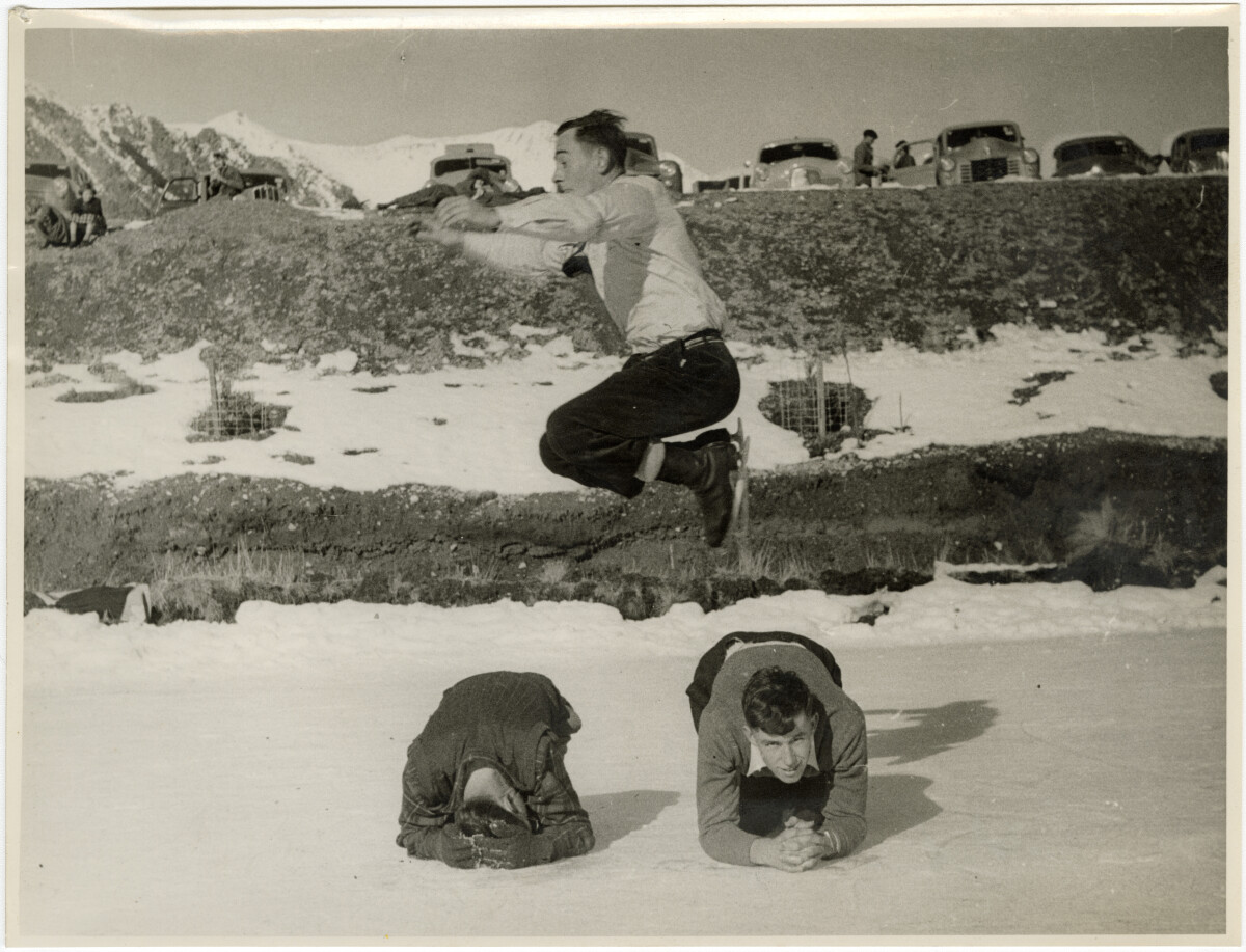 Iceskater jumping. Circa 1954. Christchurch City Libraries Photo Hunt. In copyright. CCL-PH19-0304