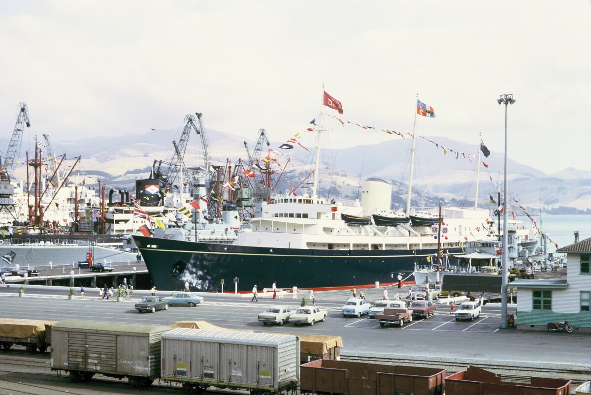 Royal Yacht in Lyttelton for Commonwealth Games. 1974. Entry by Charles Hurley in the 2020 Christchurch City Libraries Photo Hunt. CC BY-NC-SA 4.0. CCL-PH20-DW-127301