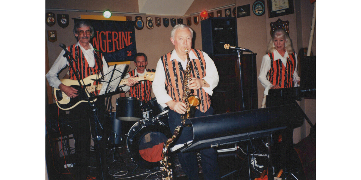 Portrait view of music band “Tangerine” in an unidentified...
