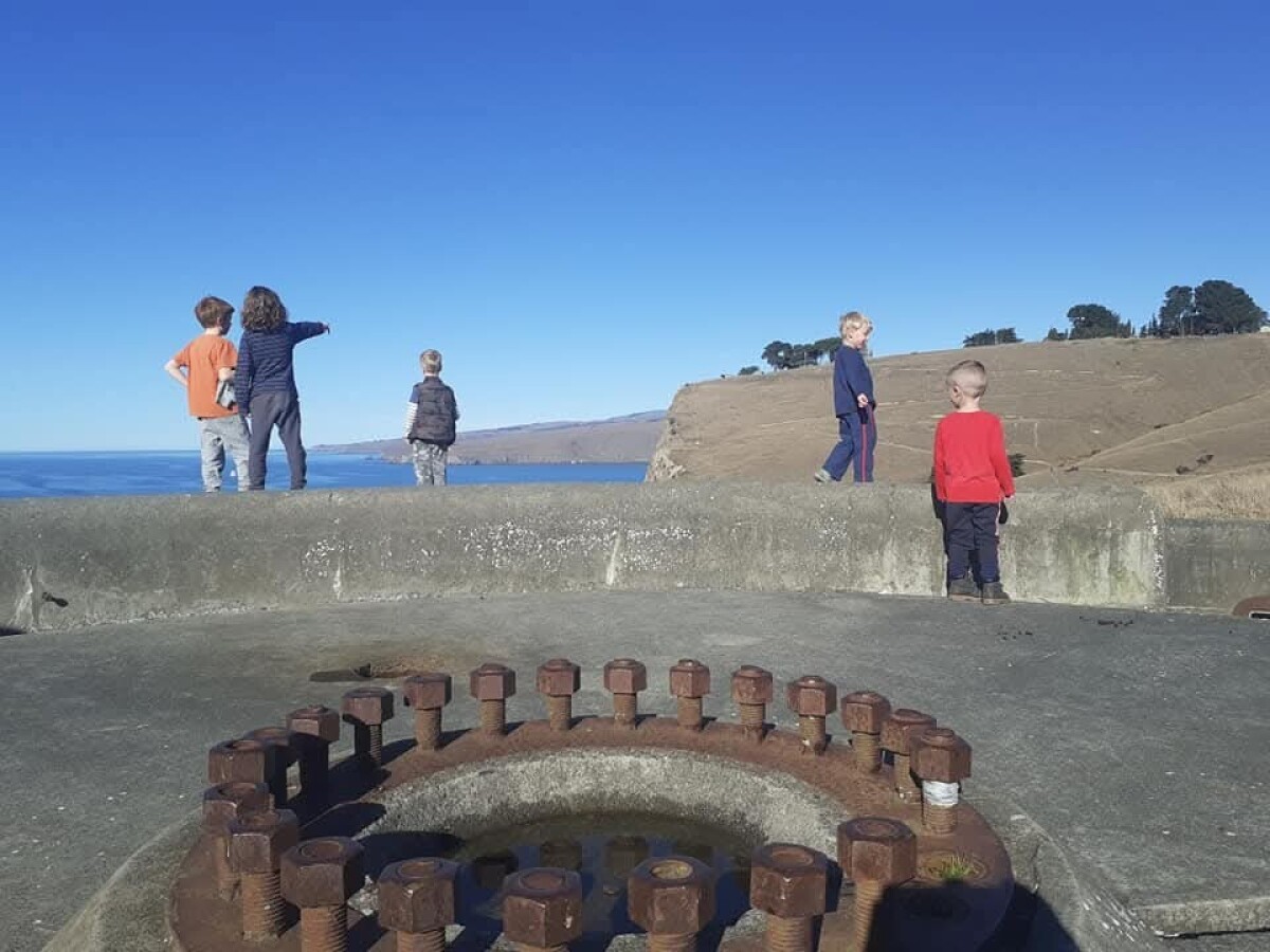 Children looking seaward from Godley Head