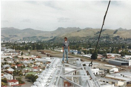 Brent Piebenga atop the Lancaster Park lights