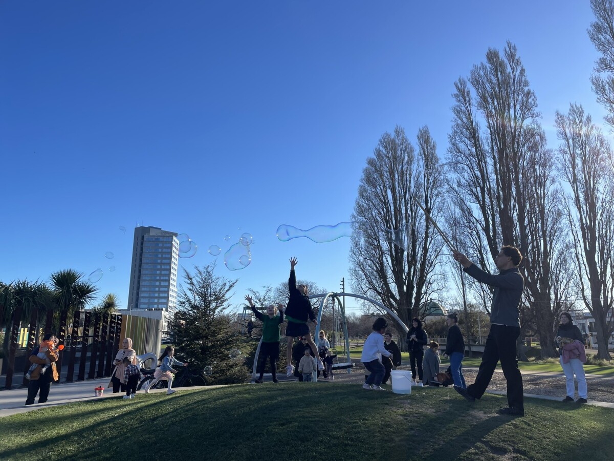 Bubbles stream across Margaret Mahy Family Playground