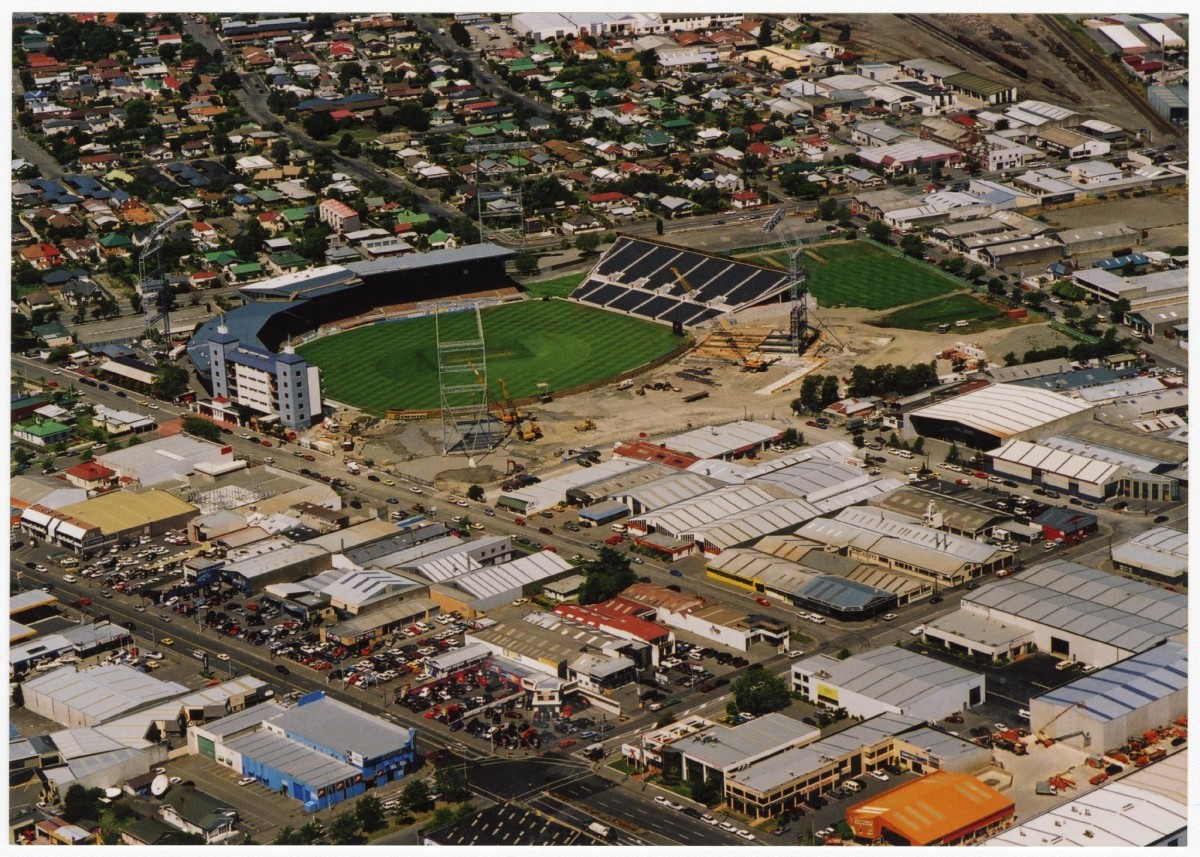 Aerial view of Lancaster Park stadium discoverywall.nz