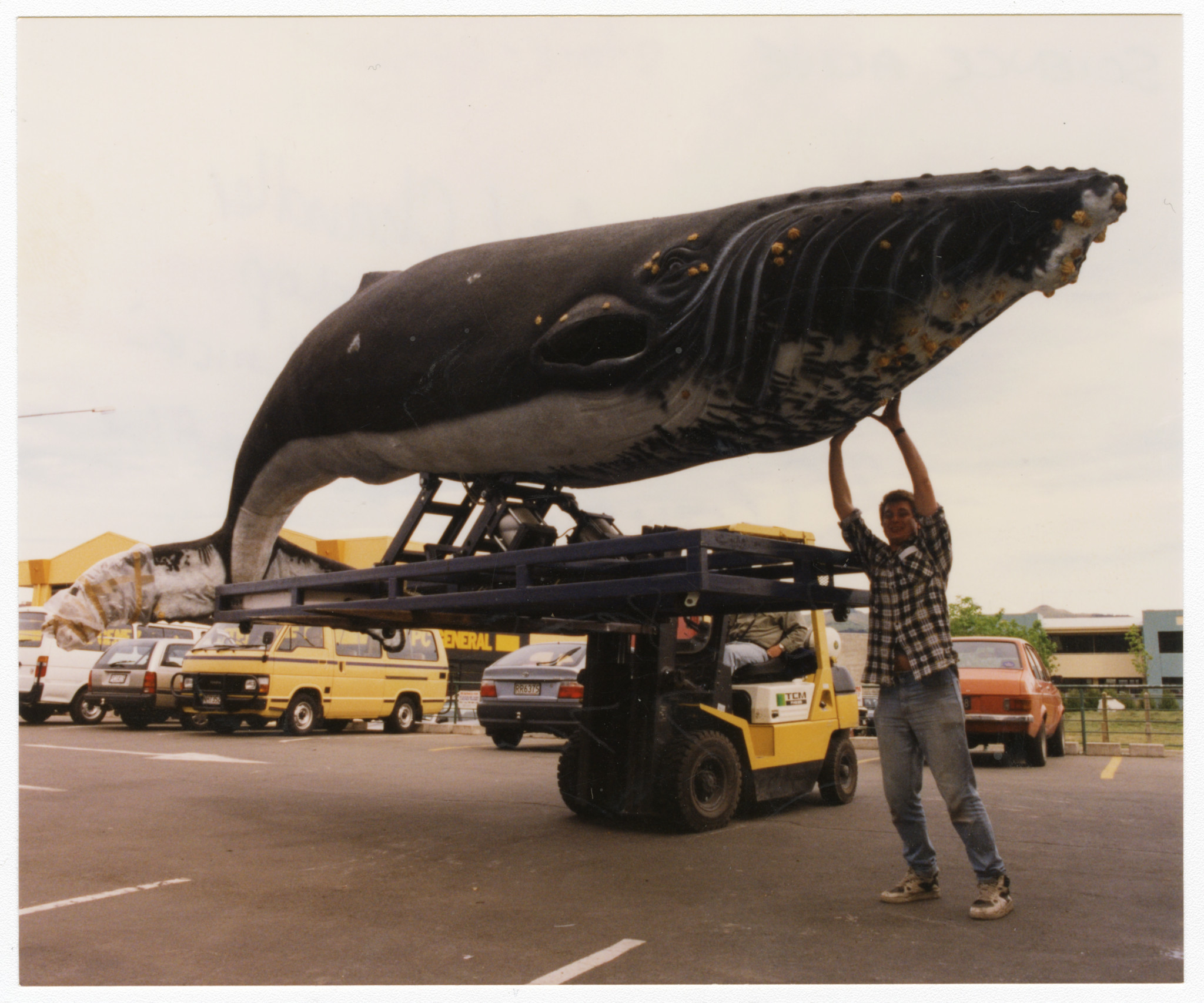 Model of a whale on a forklift truck: Picturing Canterbury | Christchurch City Libraries