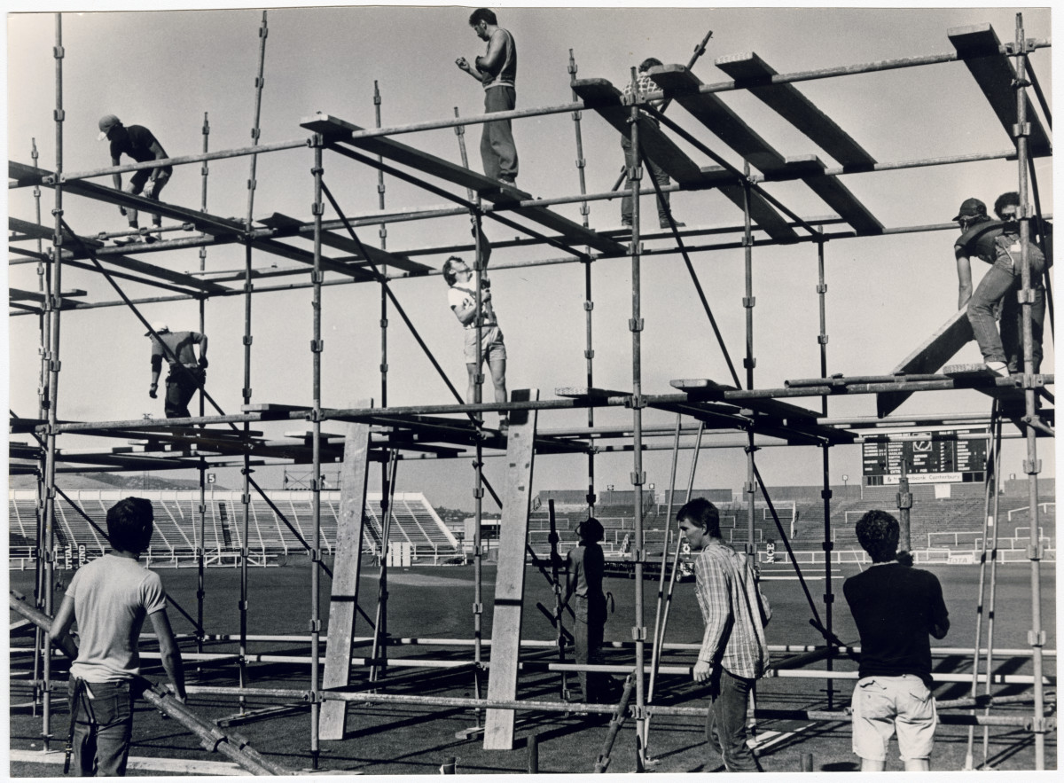 Scaffolding for Dire Straits concert at Lancaster Park. 5 March 1986. Christchurch Star archive. In copyright. CCL-StarP-01958A 