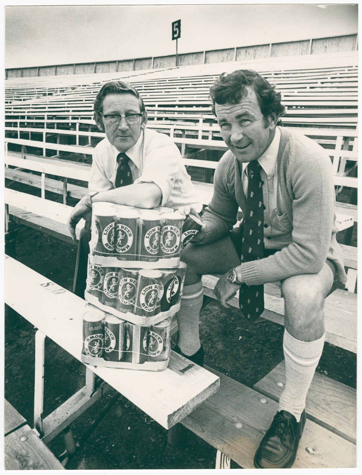 Bill Rees and Paddy Brandon at Lancaster Park no. 5 stadium. 1 February 1979. Christchurch Star archive. In copyright. CCL-StarP-01967A