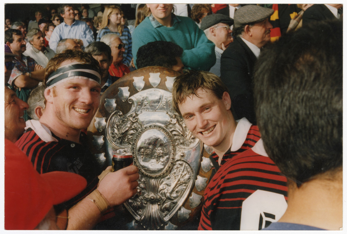 Canterbury rugby team members with Ranfurly Shield. 1994. Christchurch Star archive. In copyright. CCL-StarP-00513A