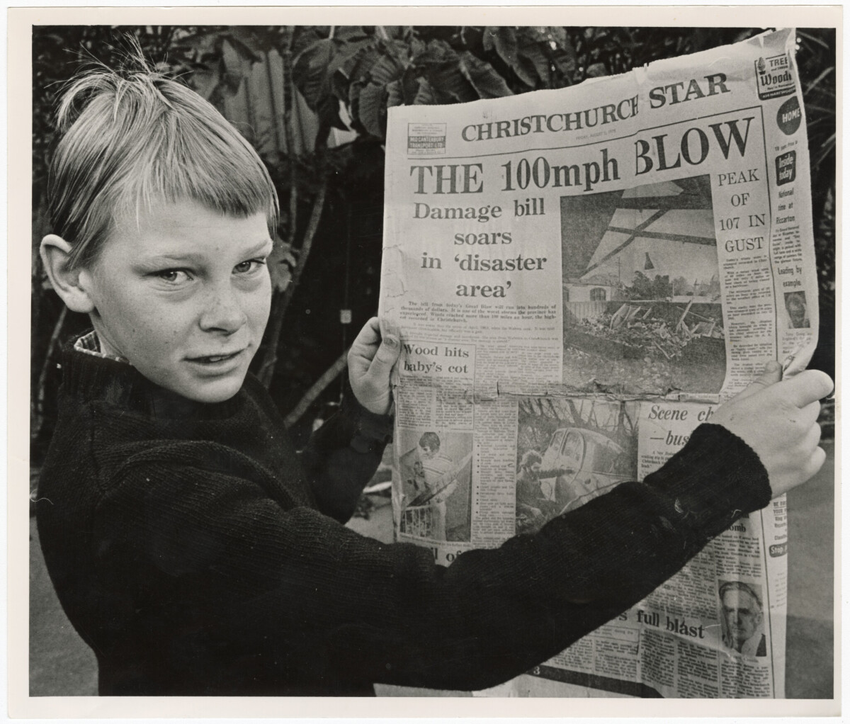 Cameron Romeril with an article on the Big Blow storm. 3 August 1985. Christchurch Star archive. In copyright. CCL-StarP-02897A https://discoverywall.nz/album/1342/69971