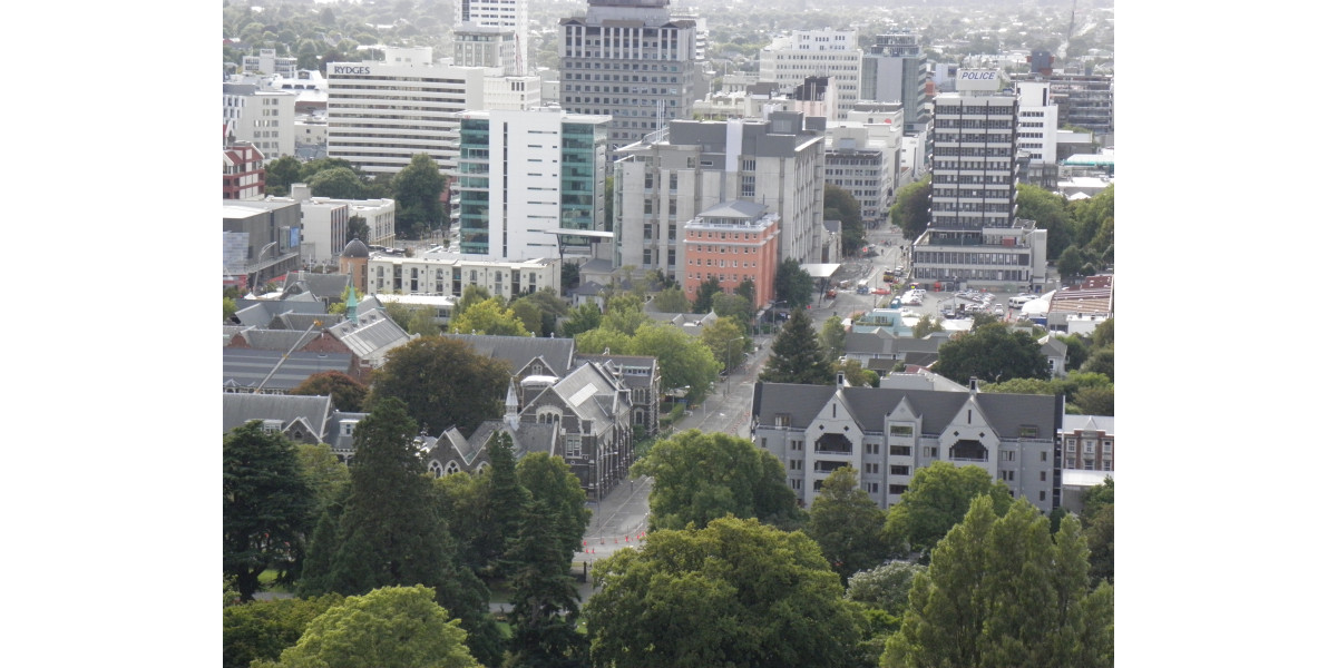 Looking east up Hereford Street taken from above Hagley Park