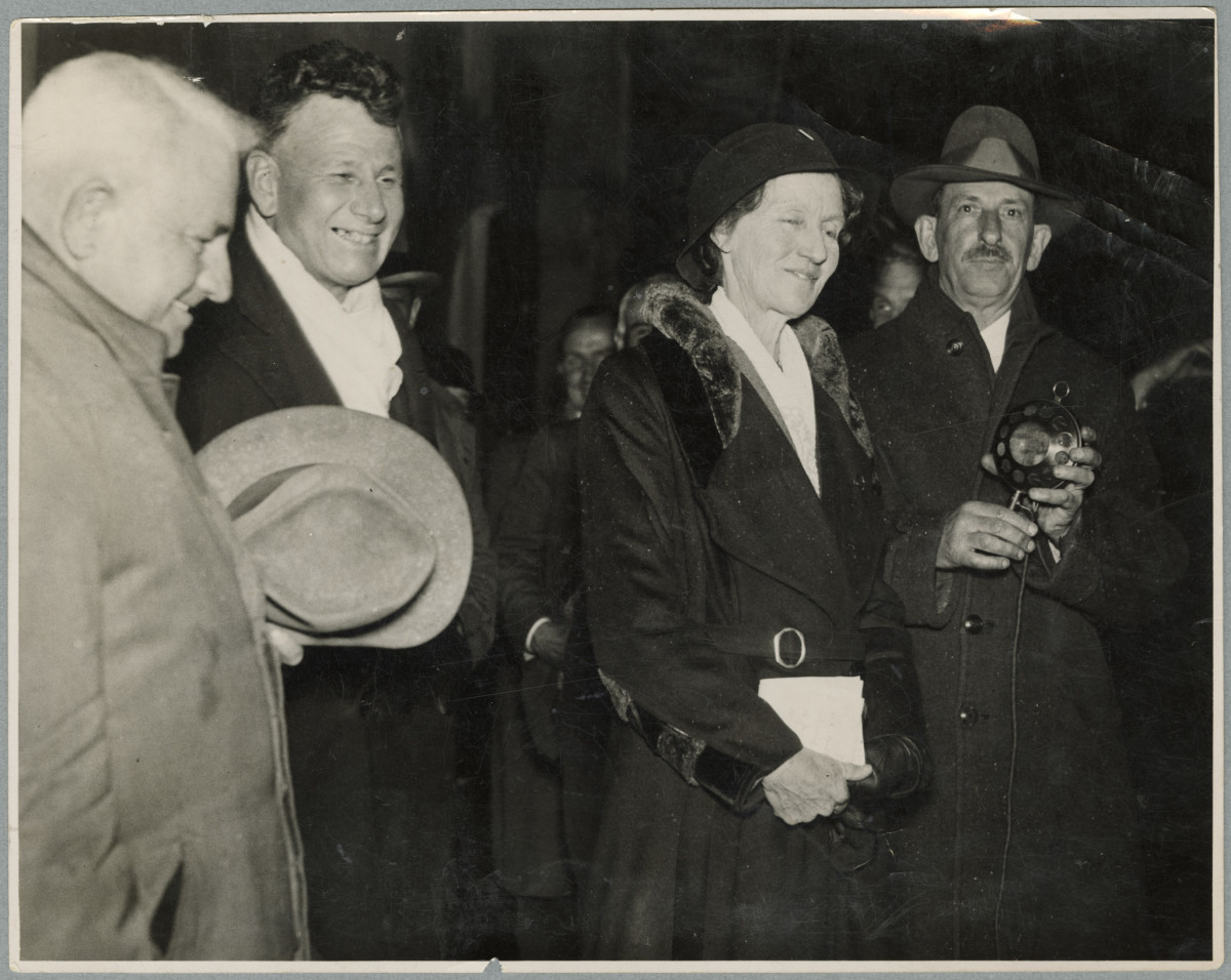 Mrs Elizabeth McCombs during election night broadcast. September 1933. Christchurch Star archive. In copyright. CCL-StarP-00732A